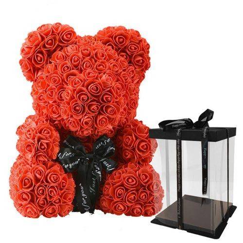 Aranjament urs rosu, ursulet decorat manual cu trandafiri de spuma, cutie inclusa, Teddy Bear 40 cm