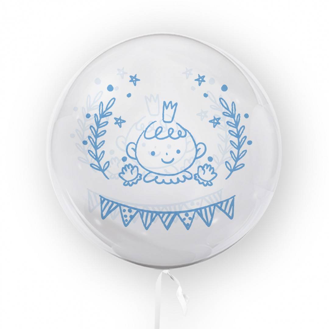 balon transparent imprimat fata-verso, 45 cm, decor botez, bebe, bleu
