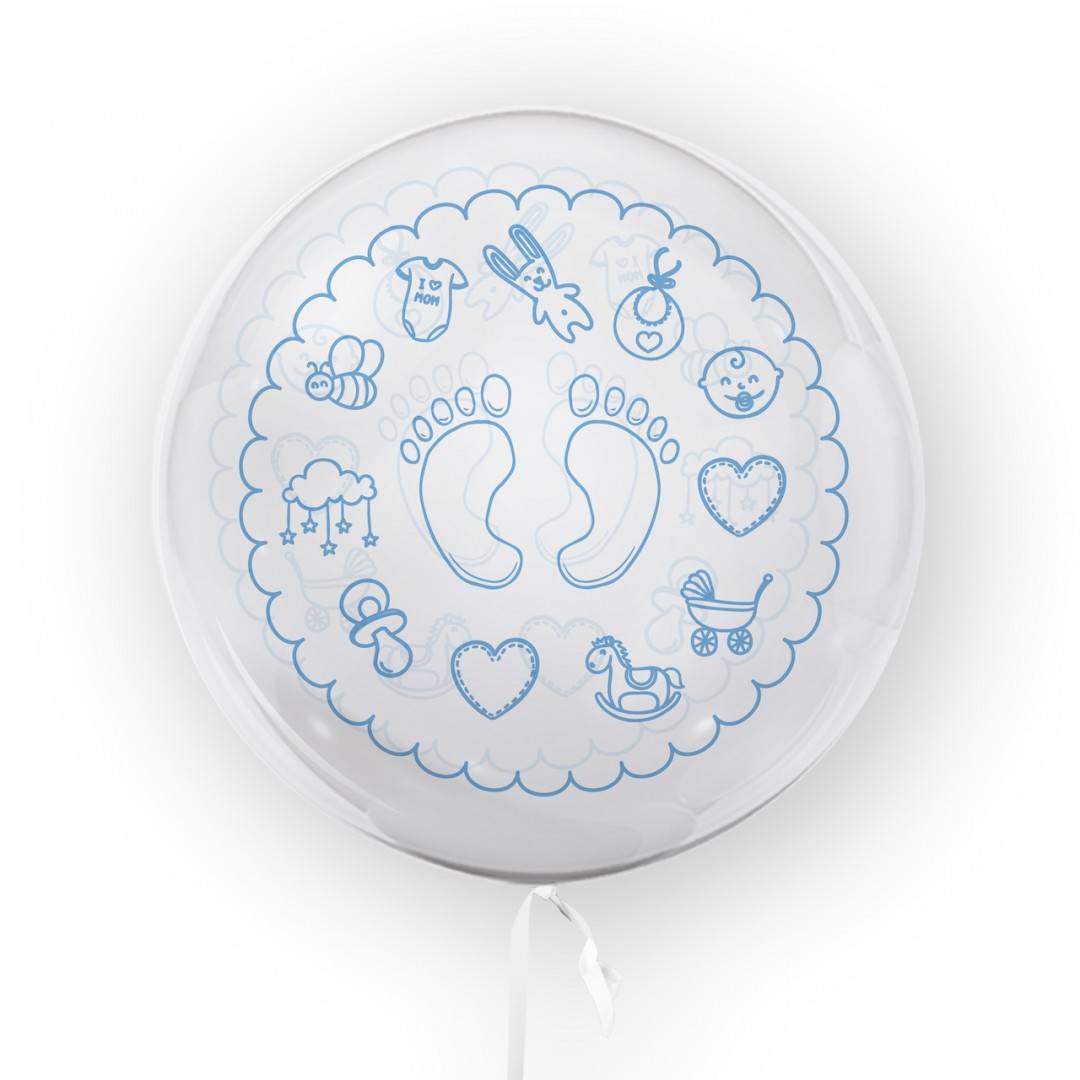balon transparent imprimat fata-verso, 45 cm, decor botez, bleu