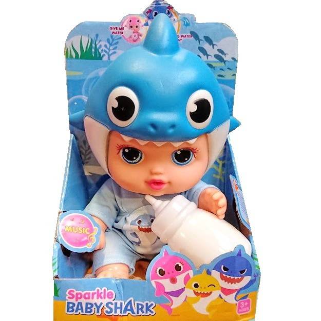 bebelus care arunca apa, papusa cu biberon, baby shark, muzica originala, baterii incluse , albastru