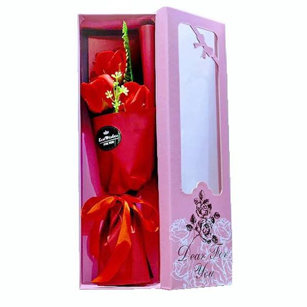 buchet 3 trandafiri de sapun ambalat in cutie cadou cu mesaj, culoare rosu