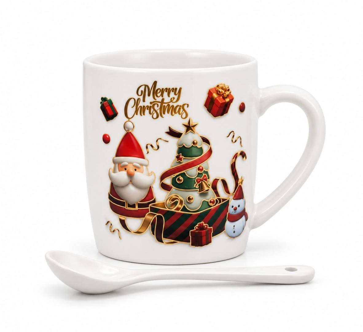 Cana Ceramica de Craciun cu Lingurita in Cutie Cadou, Mos cu Brad Impodobit