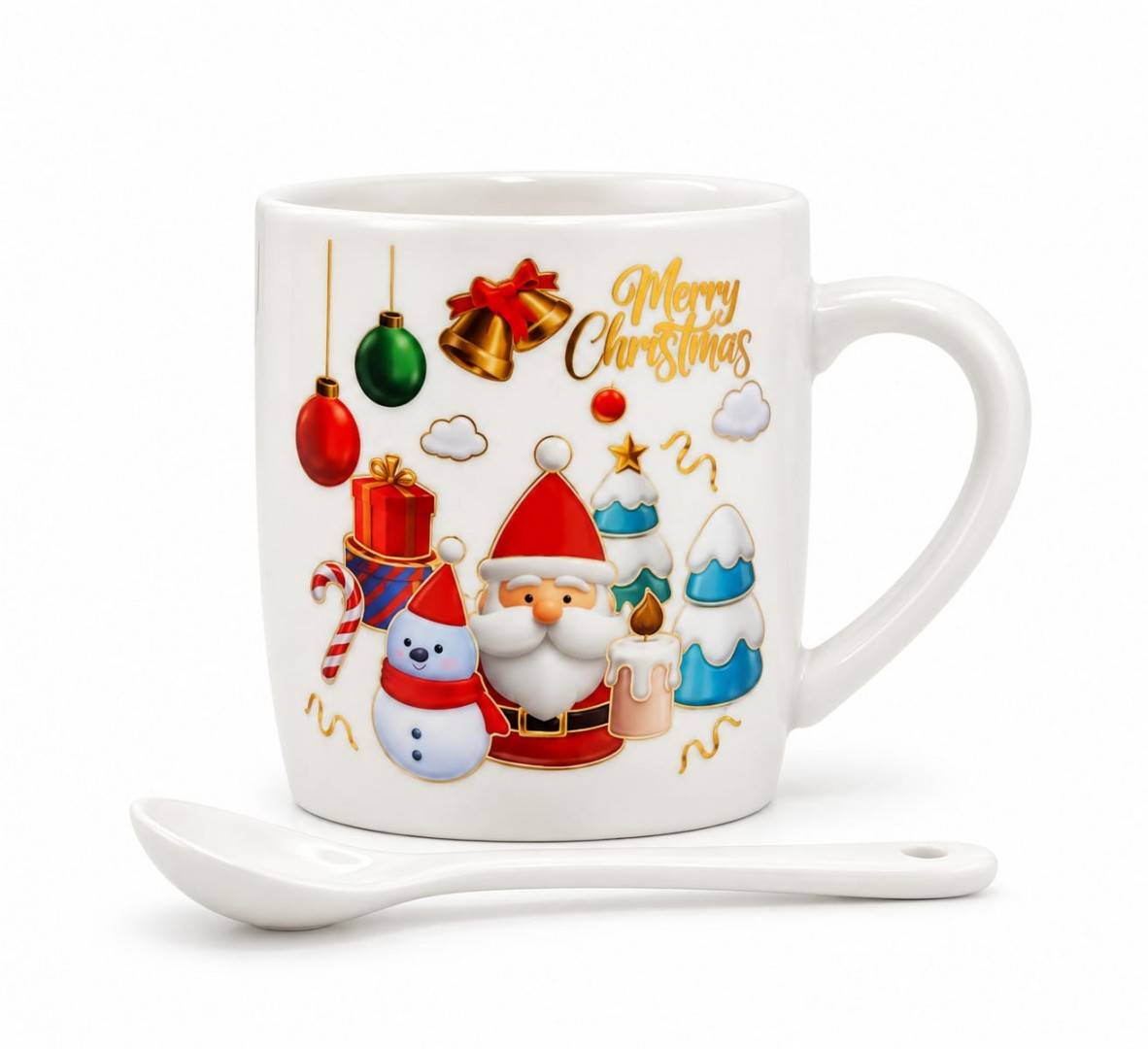 Cana Ceramica de Craciun cu Lingurita in Cutie Cadou, Mos cu brazi