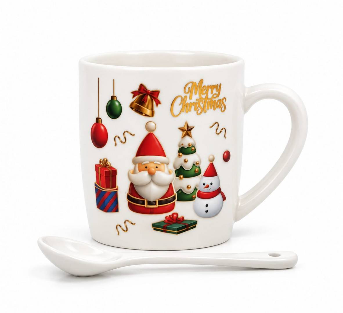 Cana Ceramica de Craciun cu Lingurita in Cutie Cadou, Mos cu Om de Zapada