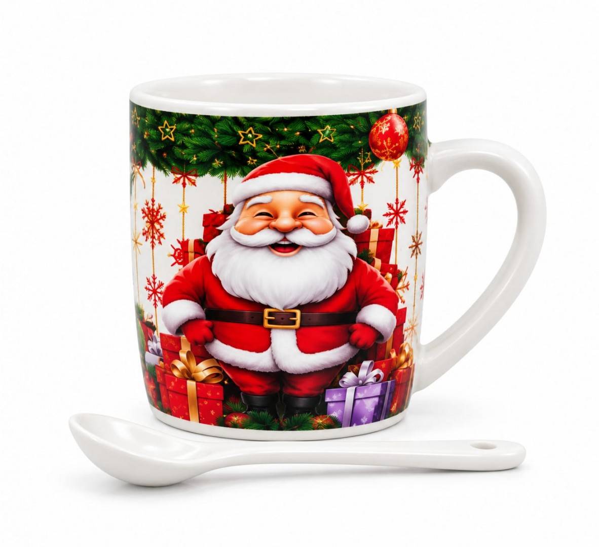 Cana Ceramica de Craciun cu Lingurita in Cutie Cadou, Mos Vesel