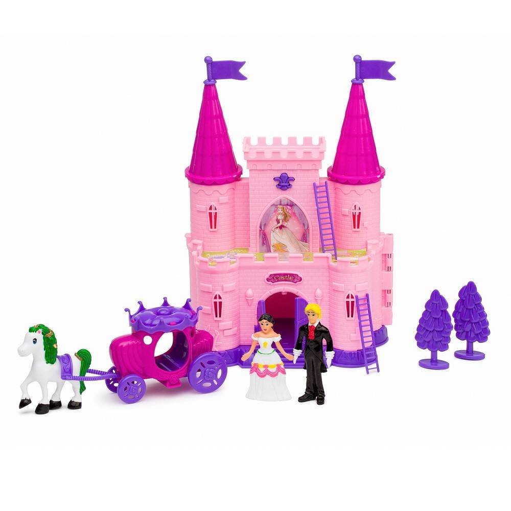 Castel dublu cu turnuri, 2 figurine si 10  accesorii, muzica si lumini, 44 x 29 x 8 cm, roz