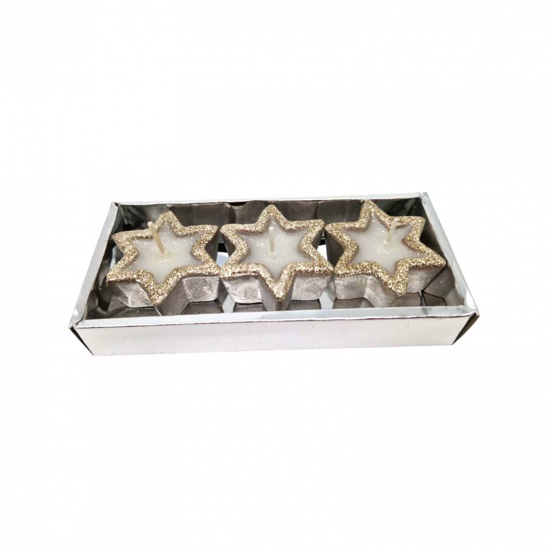 Decoratiune Craciun, set lumanari in forma de stelute, argintiu