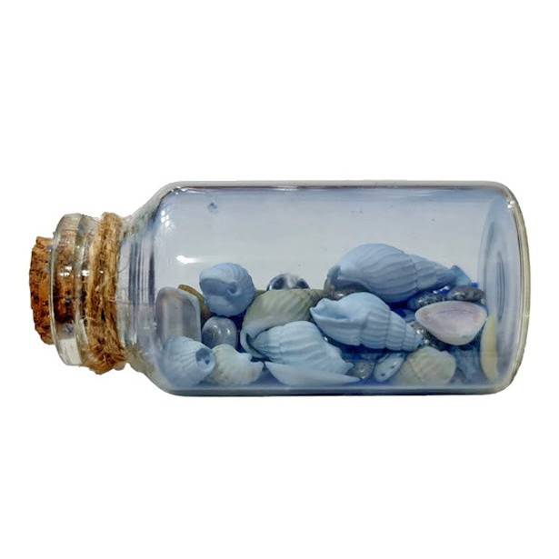 decoratiune magnetica, sticla cu scoici si nisip albastru, 6 cm