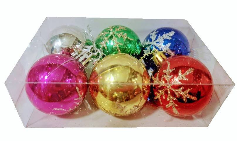decoratiune pentru bradul de Craciun, set 6 globuri multicolore cu stelute argintii, diametrul 5 cm