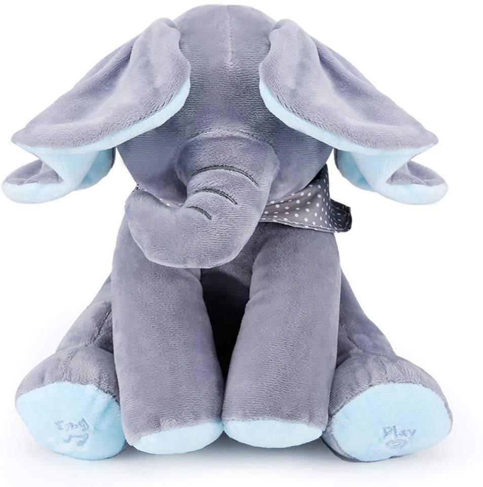 Elefant interactiv Peek a Boo, canta si isi acopera capul cu urechile, stimuleaza inteligenta emotionala si afectivitatea, 30 cm, culoare gri / albastru