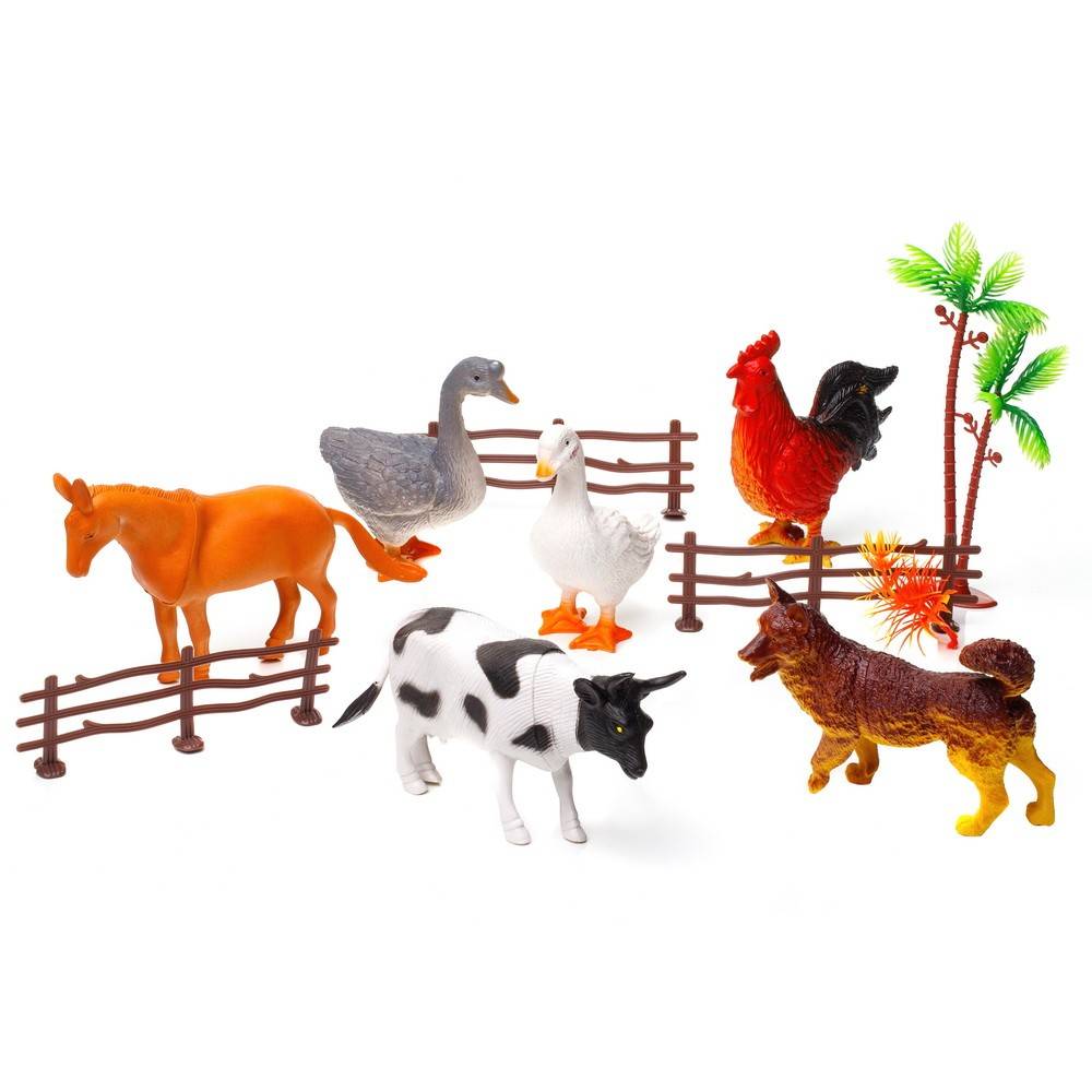 ferma cu pasari si animale, 6 figurine, caine, cal, vaca, cocos, rata, gasca, 9-16 cm