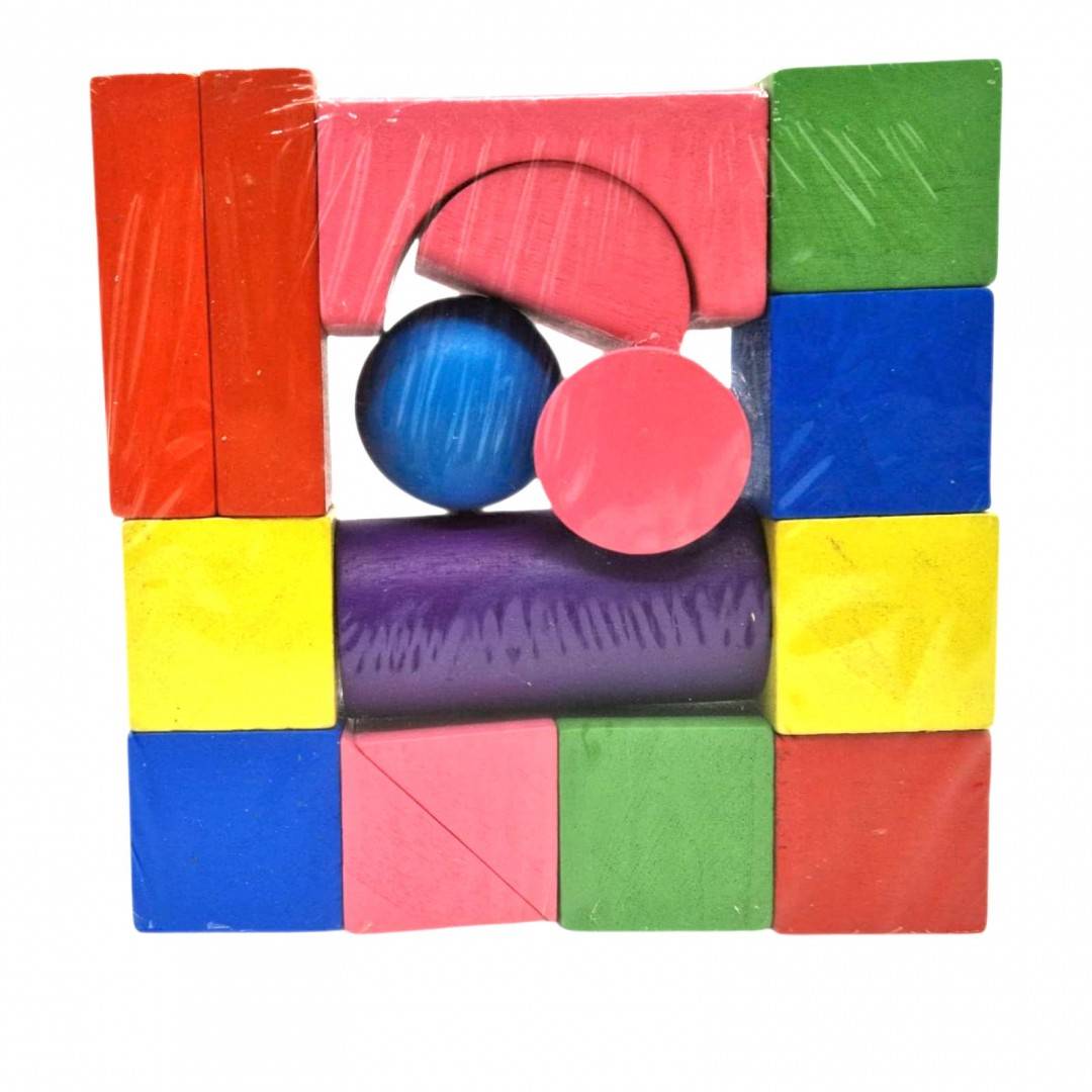 Set 15 cuburi de construit din lemn, forme geometrice colorate, 3 cm
