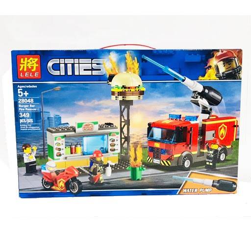 joc de constructie 2 in 1, fast food in flacari si masina de pompieri cu pompa de apa, 349 piese