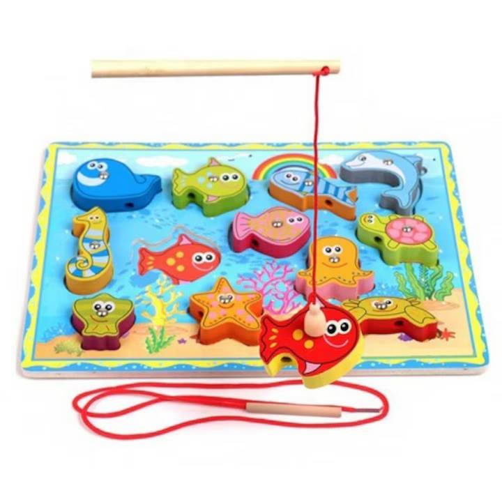 joc de pescuit, snuruit, puzzle incastru , lemn, 3 in 1
