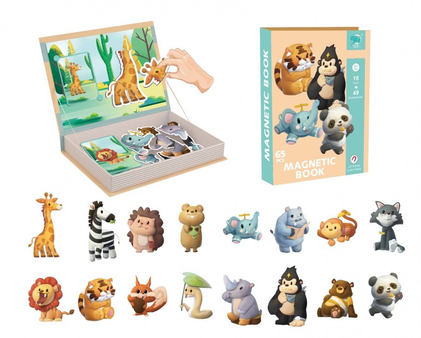 Joc magnetic cu animale salbatice, potrivire si recunoastere, 65 piese