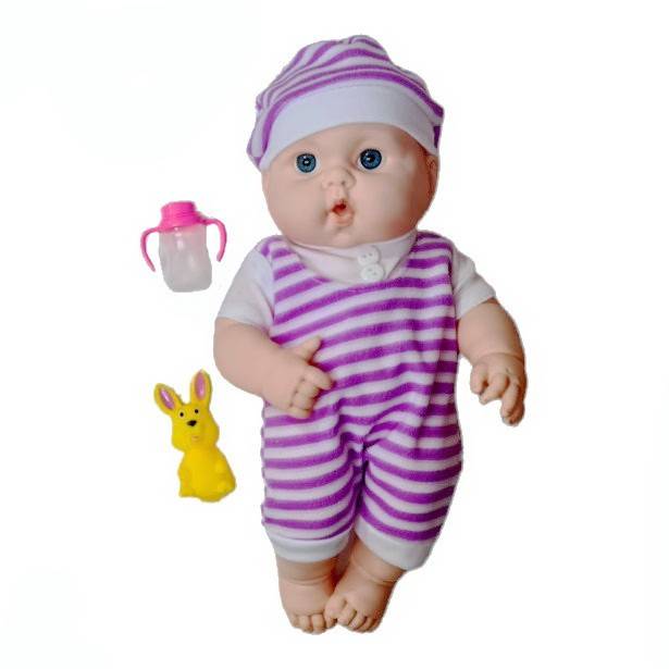 jucarie papusa din plastic, bebe cu biberon si jucarie iepuras, 33 cm