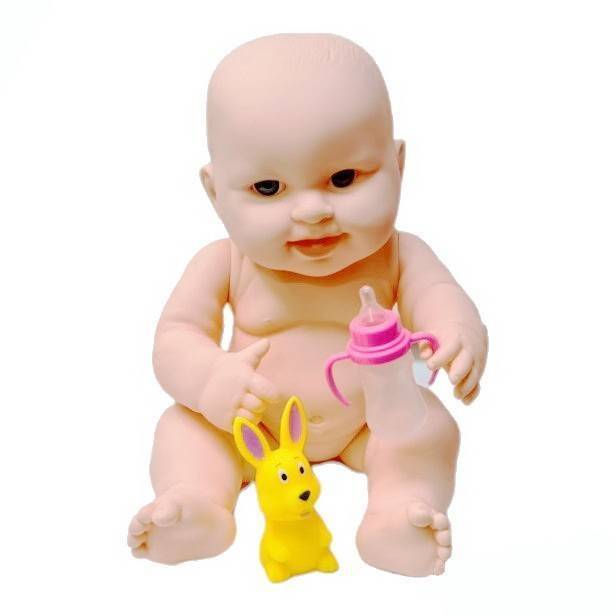 jucarie papusa din plastic, bebe cu biberon si jucarie iepuras, 33 cm