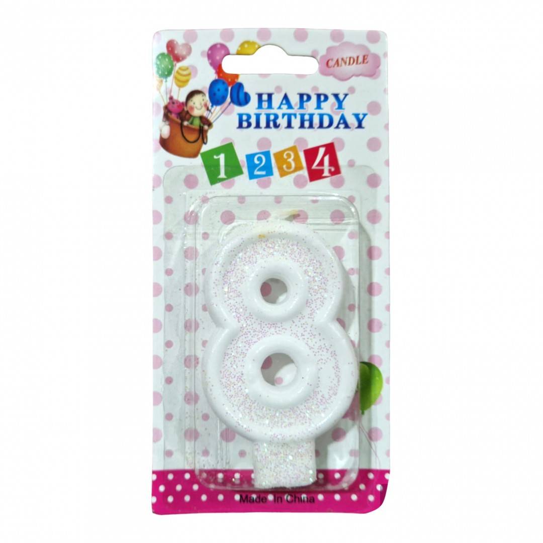 lumanare tort, alb cu sclipici, 7 cm, cifra 8