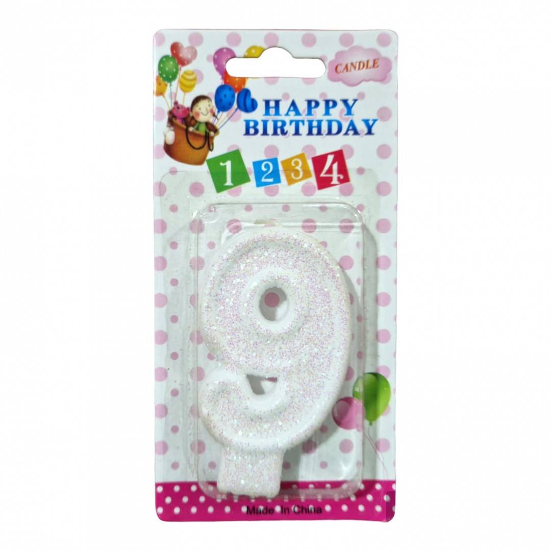 lumanare tort, alb cu sclipici, 7 cm, cifra 9