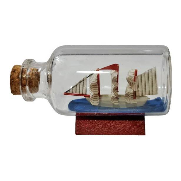 macheta corabie in sticla pe suport de lemn, marturie cu specific marin, 7 cm