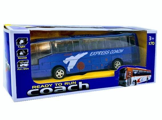 masina metalica, autobuz express coach cu sunete si lumini, pull back, 1:70, albastru