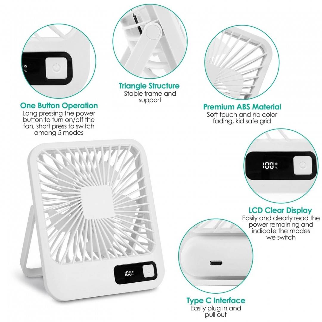 Mini Ventilator Portabil Cu Ecran LCD, alb, 14x17x4 cm