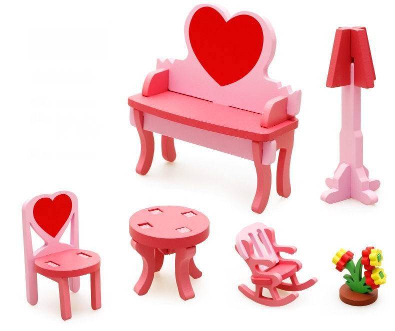 mobilier din lemn pentru papusi - living roz