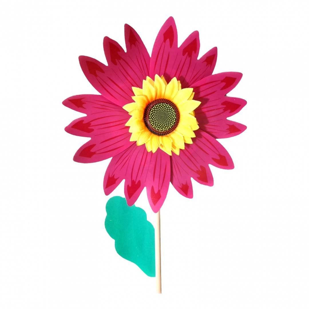 Morisca de vant Floarea Soarelui cu coada din lemn, diametru 40 cm, roz