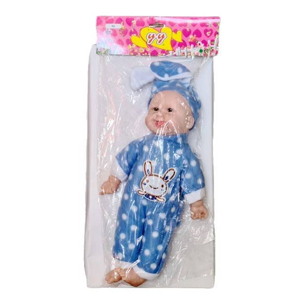 papusa interactiva, bebe care rade, corp moale, caciula cu urechi de iepure, albastru, 36 cm
