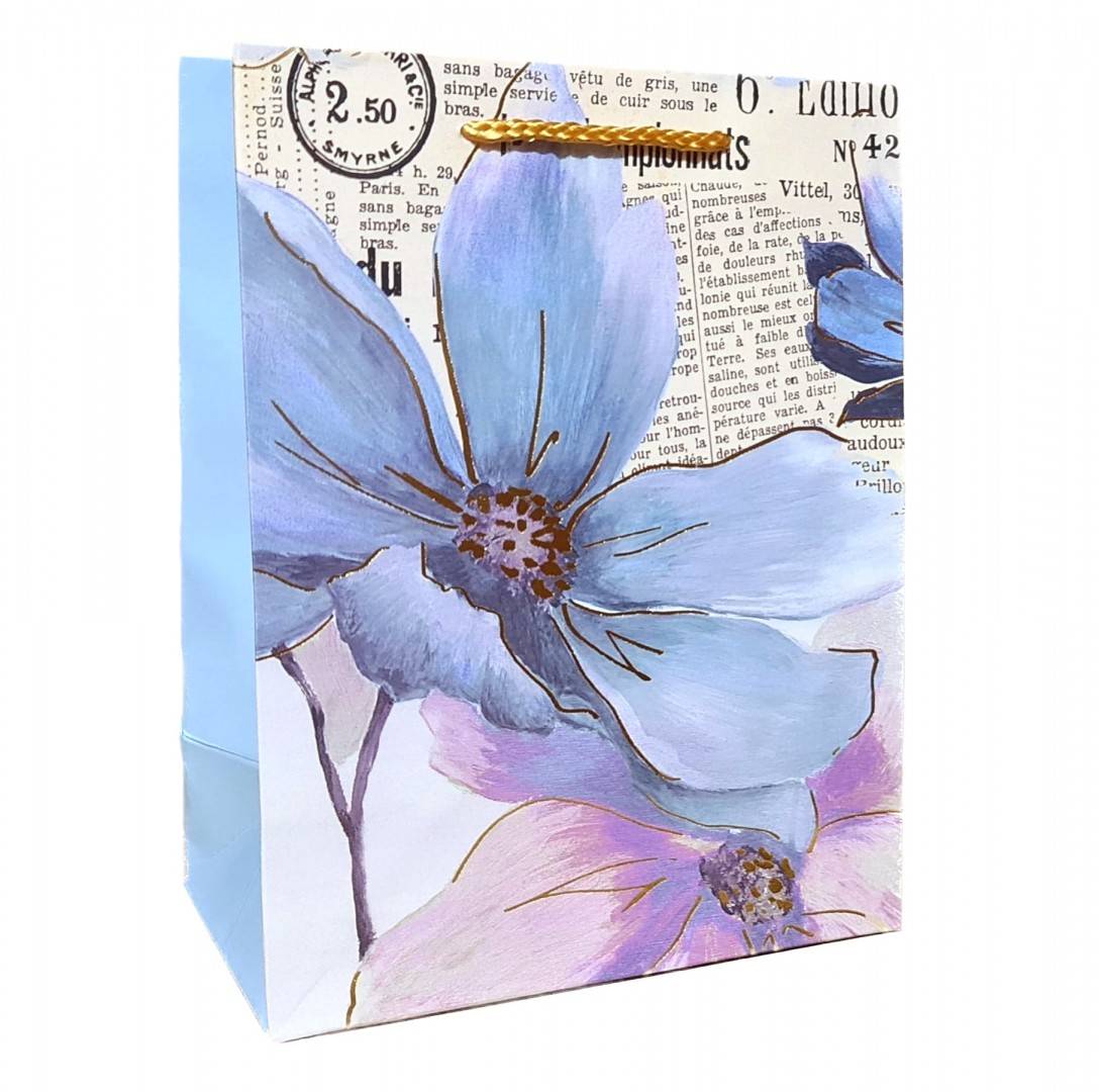 punga de cadou din hartie cartonata, snur satinat, flori, 18x23x10 cm
