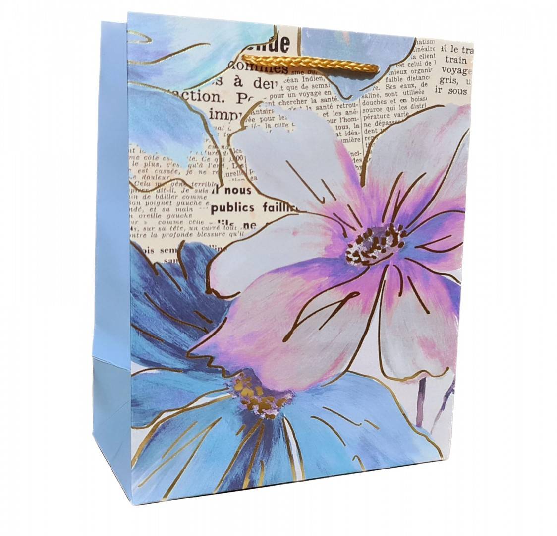 punga de cadou din hartie cartonata, snur satinat, flori, 18x23x10 cm
