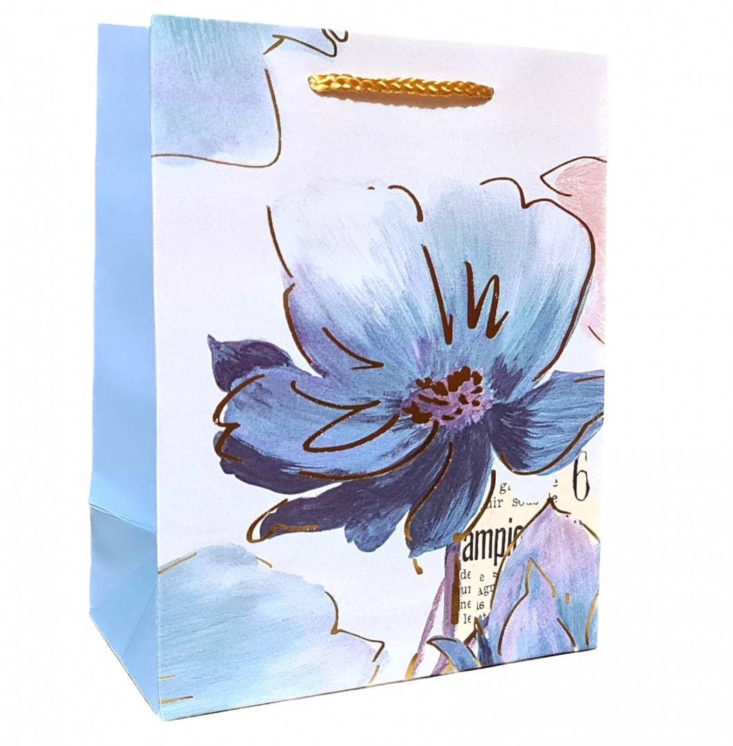 punga de cadou din hartie cartonata, snur satinat, flori, 18x23x10 cm