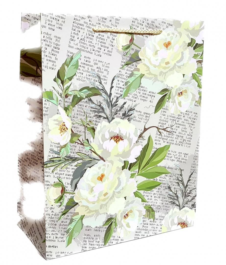punga de cadou din hartie cartonata, snur satinat, flori, 26x32x12 cm