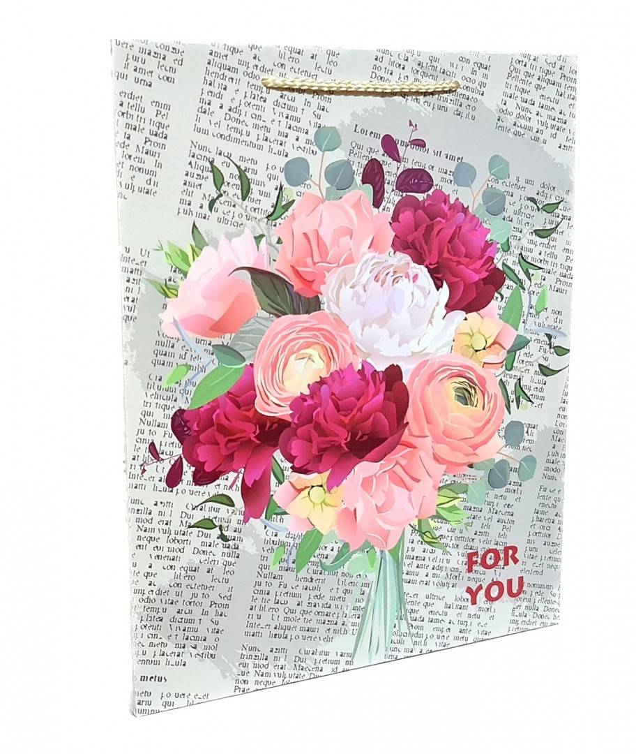 punga de cadou din hartie cartonata, snur satinat, flori, 26x32x12 cm
