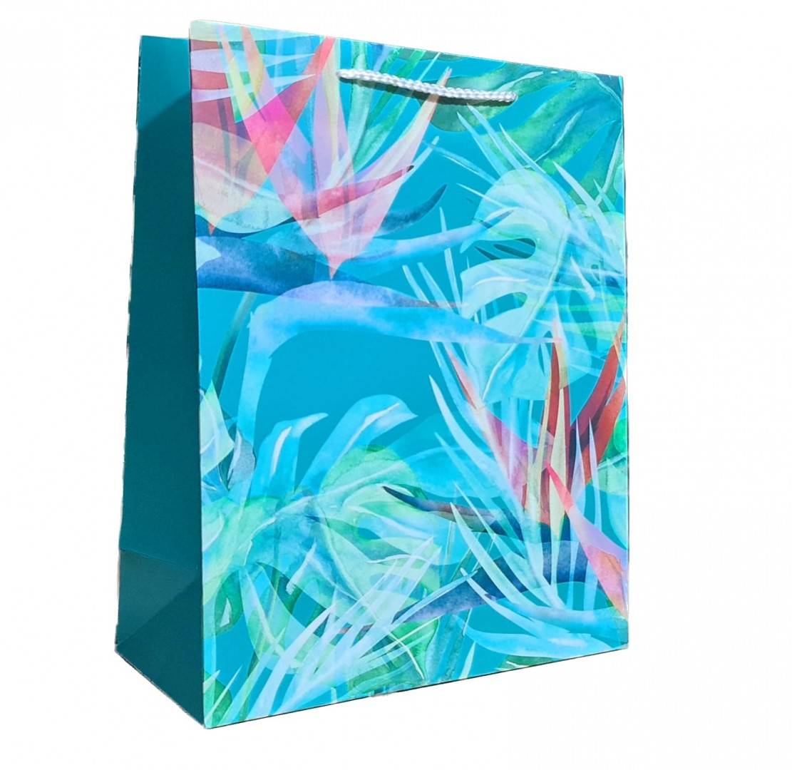 punga de cadou din hartie cartonata, snur satinat, flori, 26x32x12 cm