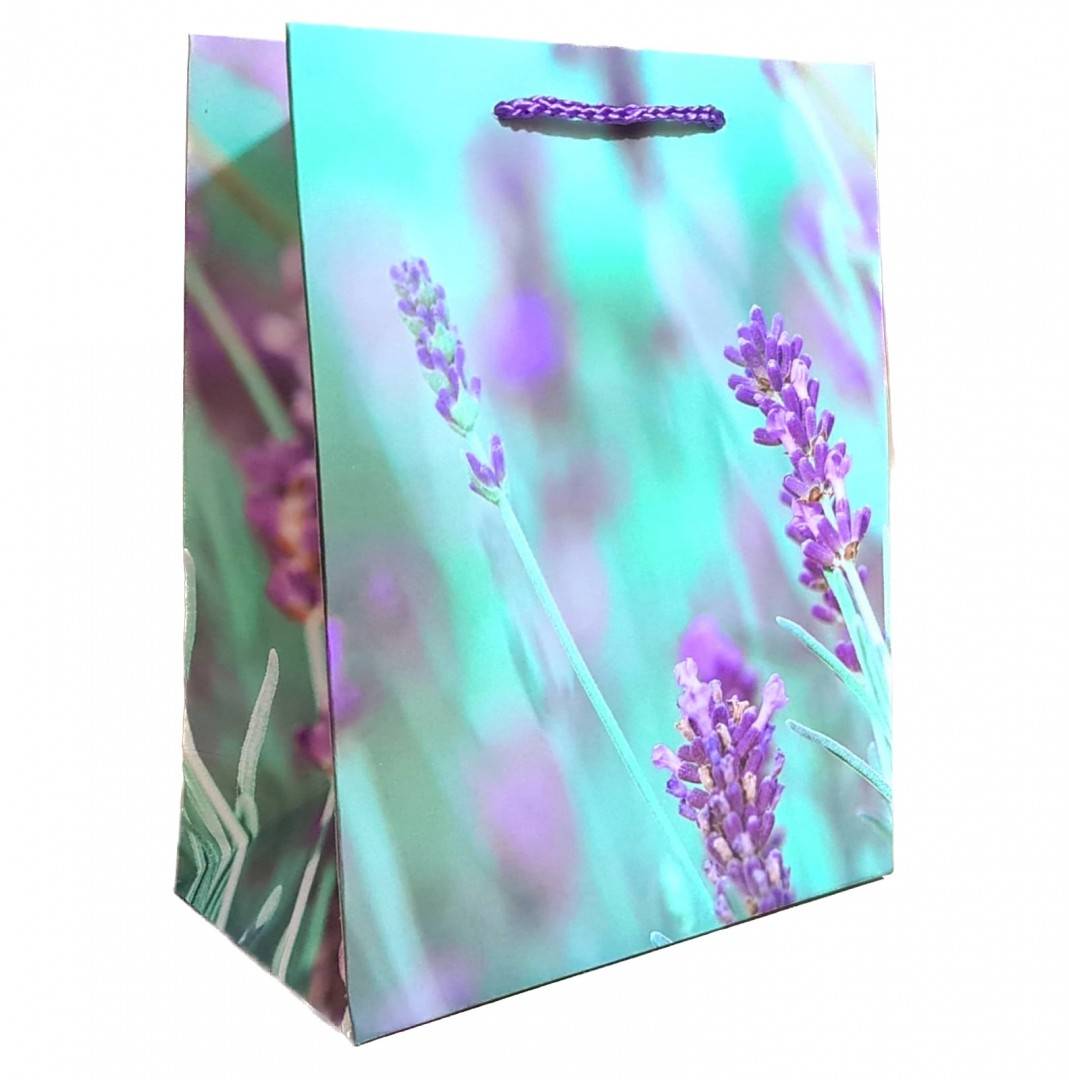punga de cadou din hartie cartonata, snur satinat, lavanda, 26x32x12 cm