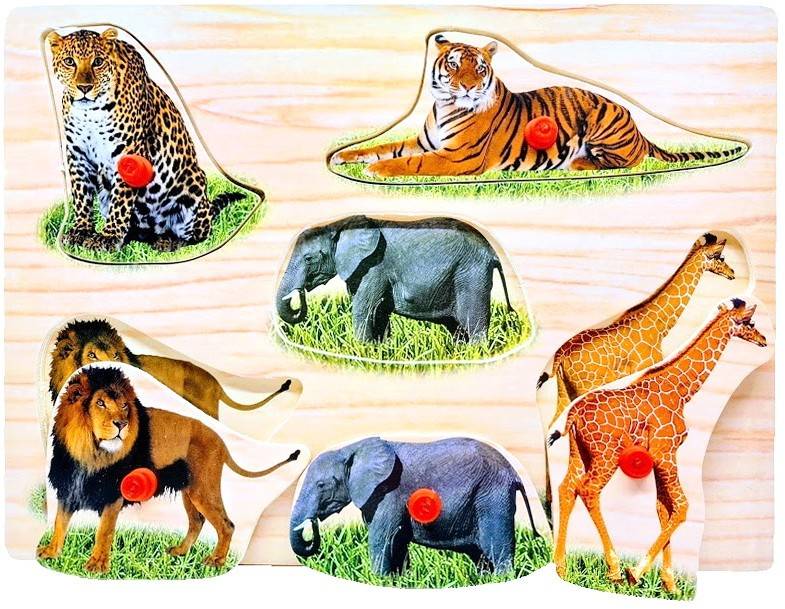 puzzle din lemn cu maner, tablita incastru, 5 piese, animale din jungla, leopard, tigru, elefant, leu, girafa