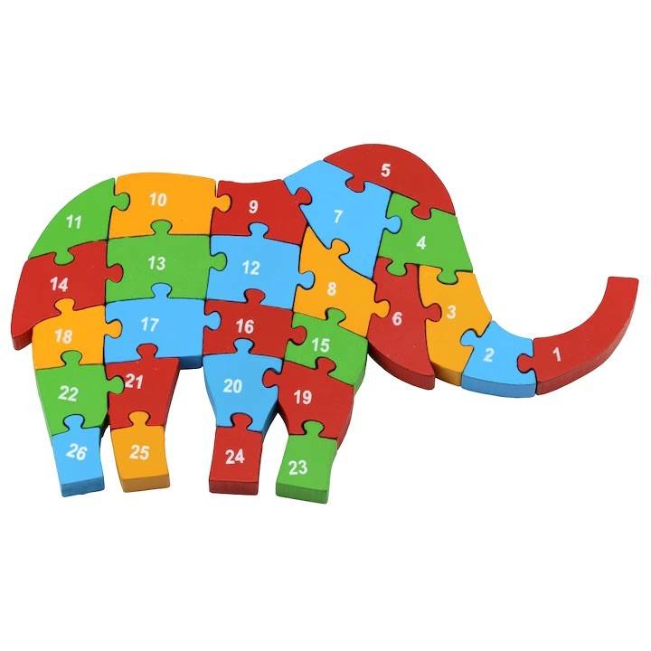 Puzzle din lemn cu litere si cifre, elefant, 25 cm