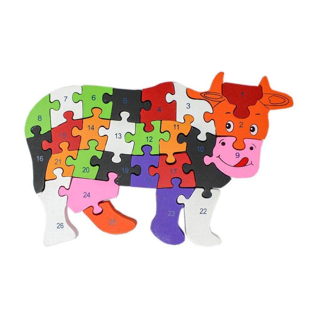 Puzzle din lemn cu litere si cifre, vacuta, 25 cm