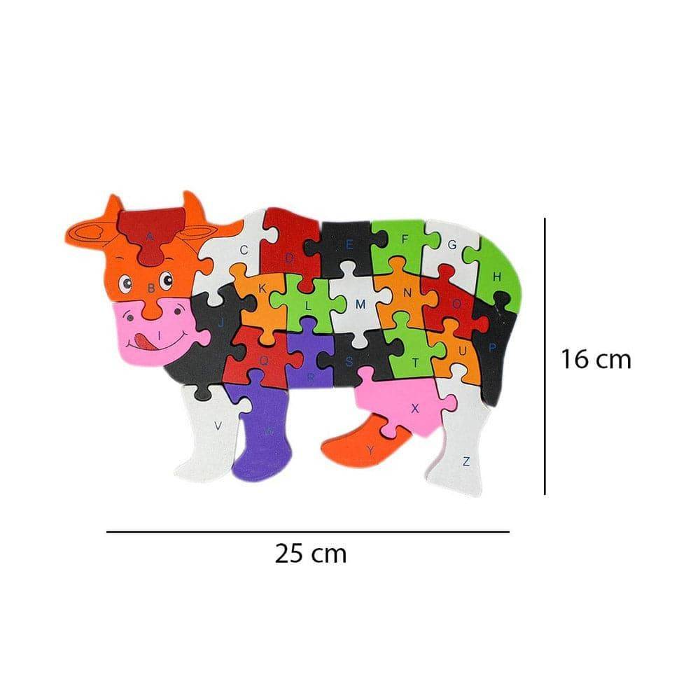 Puzzle din lemn cu litere si cifre, vacuta, 25 cm