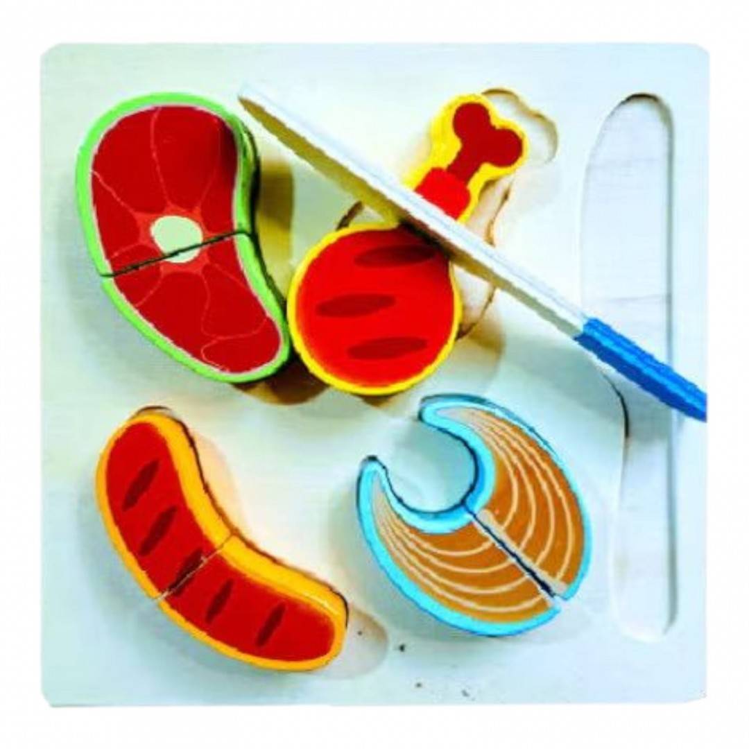 Puzzle educativ din lemn cu alimente si prindere cu scai, set 10 piese