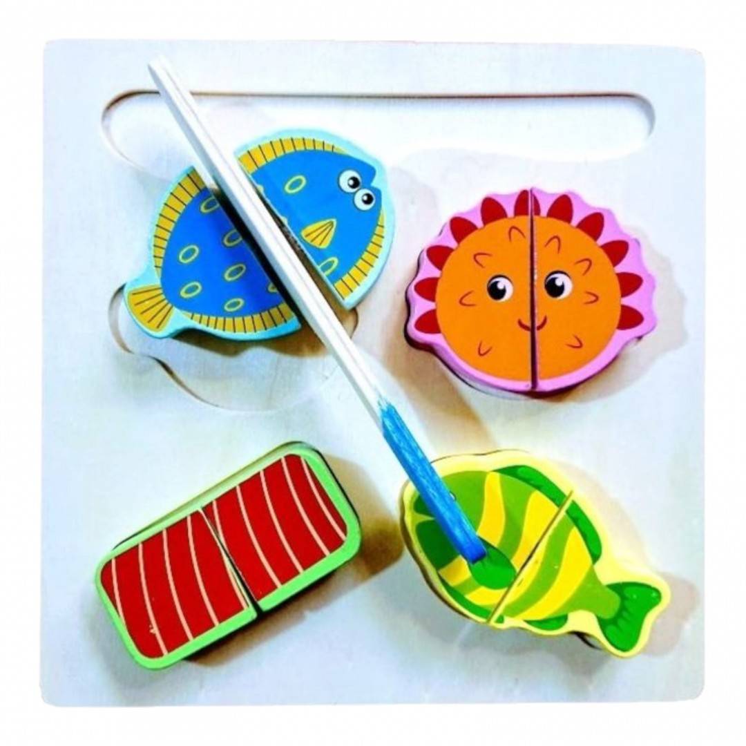 Puzzle educativ din lemn cu pesti si prindere cu scai, set 10 piese