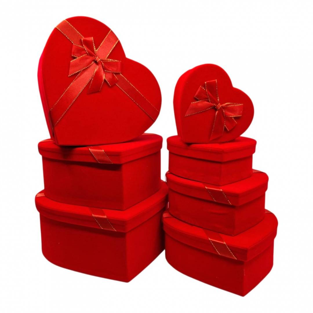 Set 10 Cutii Inima din Catifea cu Funda Roșie Satinata Rosie