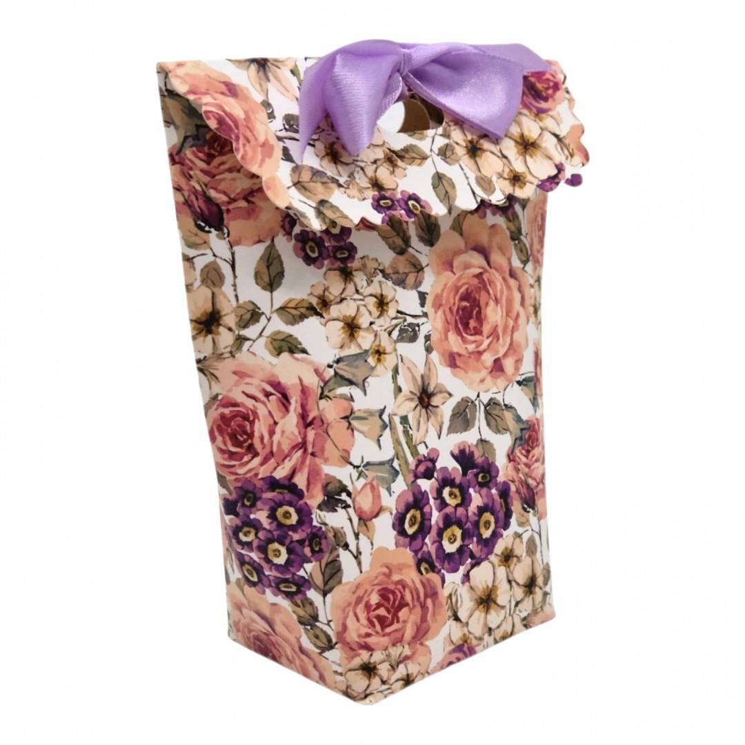 Set 12 Mini Pungi Cadou Premium cu Imprimeu Floral Shabby Chic și Funda Lila, 14x12 cm