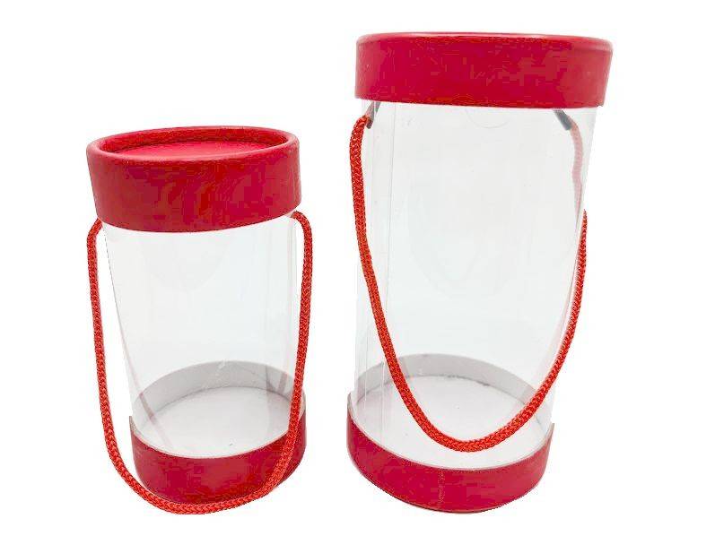 Set 2 Cutii cilindrice Transparente Cu snur rosu, Cutie Pentru Flori De Sapun, Esarfe Cu Martisor, Mici Decoratiuni