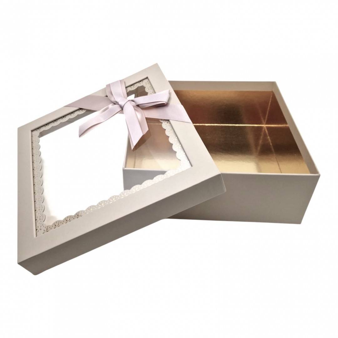 Set 3 Cutii Cadou Gri Deschis cu Fereastra Dantelata și Funda Asortata