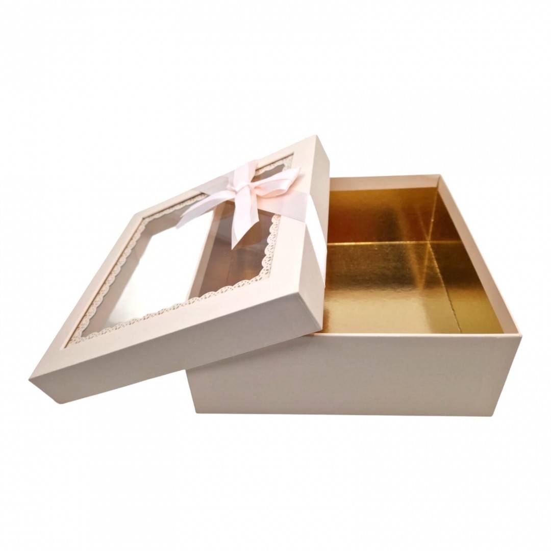 Set 3 Cutii Cadou Ivoire cu Fereastra Dantelata și Funda Roz Pal