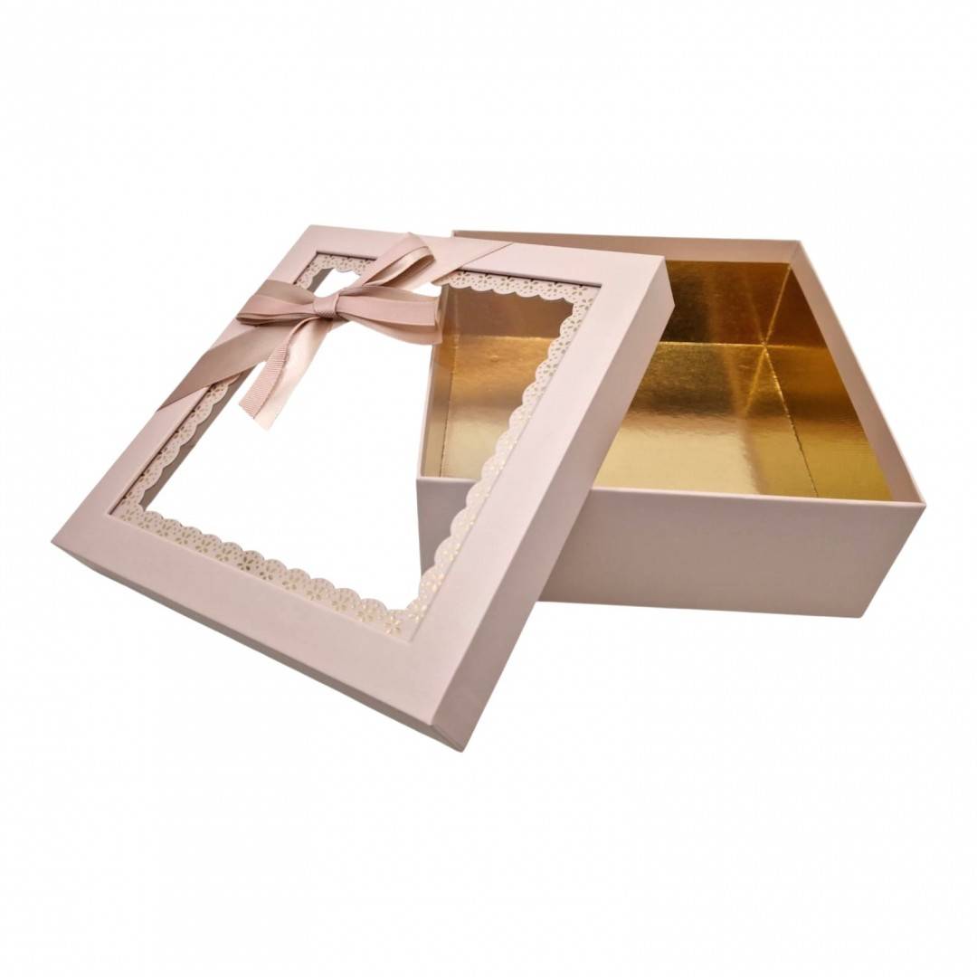 Set 3 Cutii Cadou Rose Gold cu Fereastra Dantelata și Funda Asortata