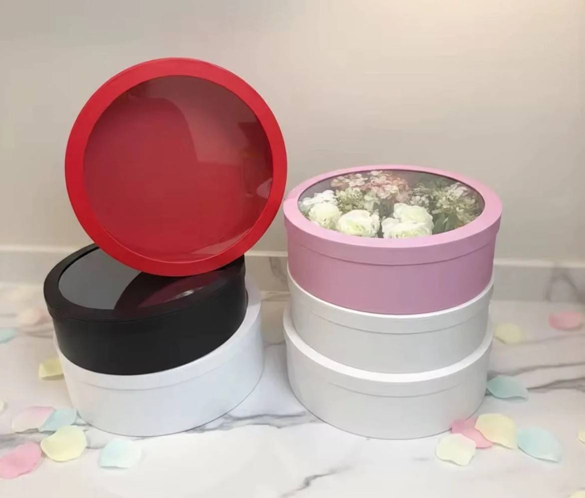Set 3 Cutii Rotunde din Carton cu Fereastra Transparenta, 40x13.5 cm, Rosu