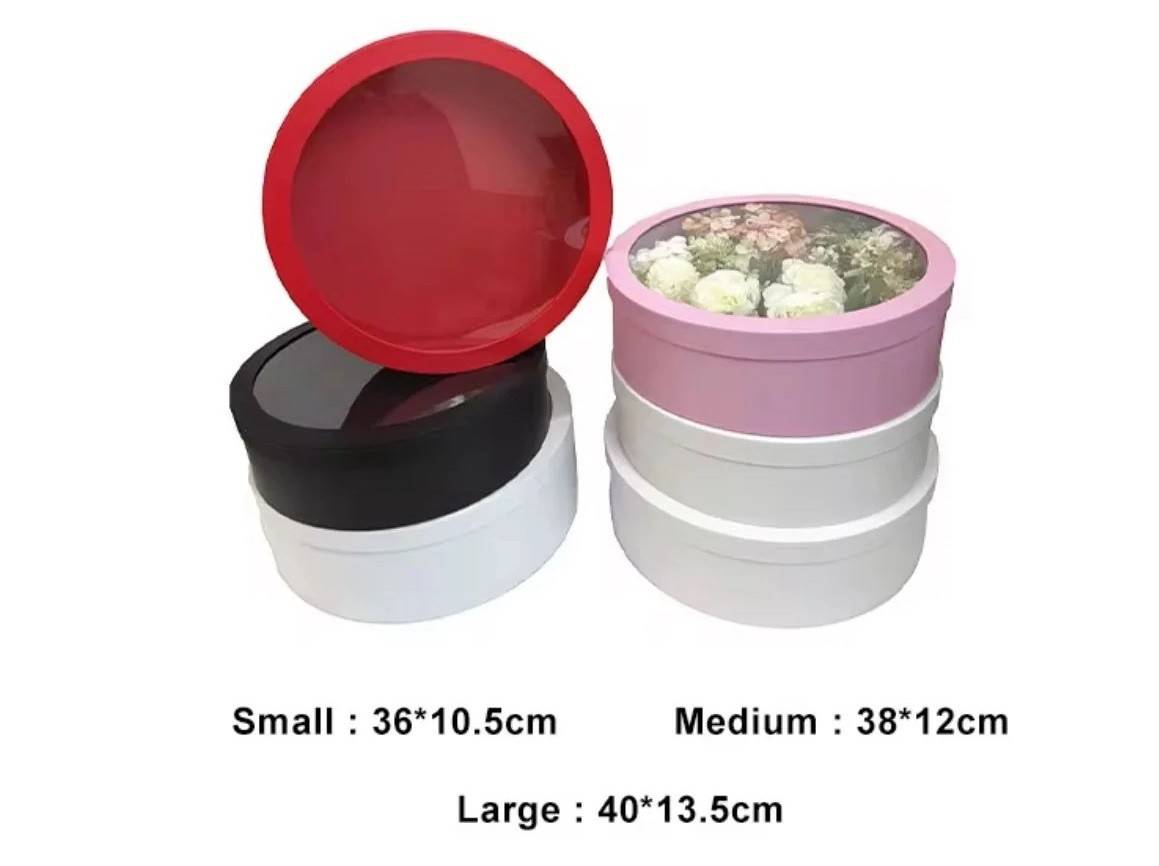 Set 3 Cutii Rotunde din Carton cu Fereastra Transparenta, 40x13.5 cm, Roz